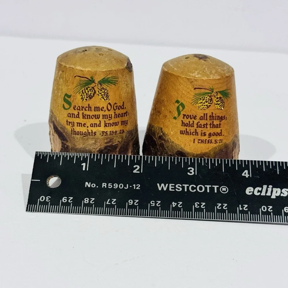 Vintage Salt & Pepper Shaker Set W Cork Stoppers Rustic‎ Pine Wood Bible Verse